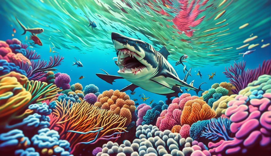 A funny Zoom background of an underwater coral reef with a comically exaggerated shark coming to attack