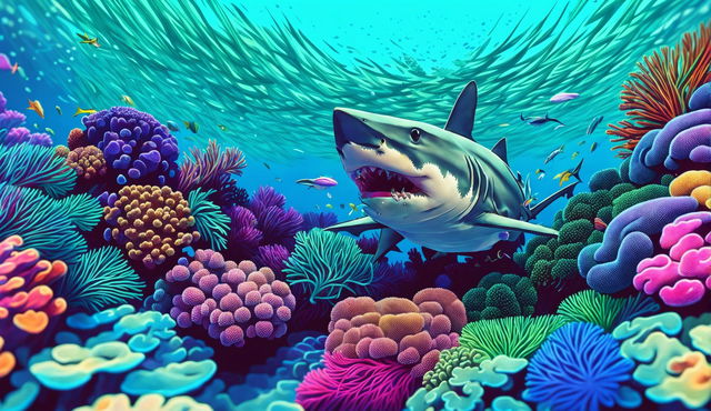 A funny Zoom background of an underwater coral reef with a comically exaggerated shark in the distance