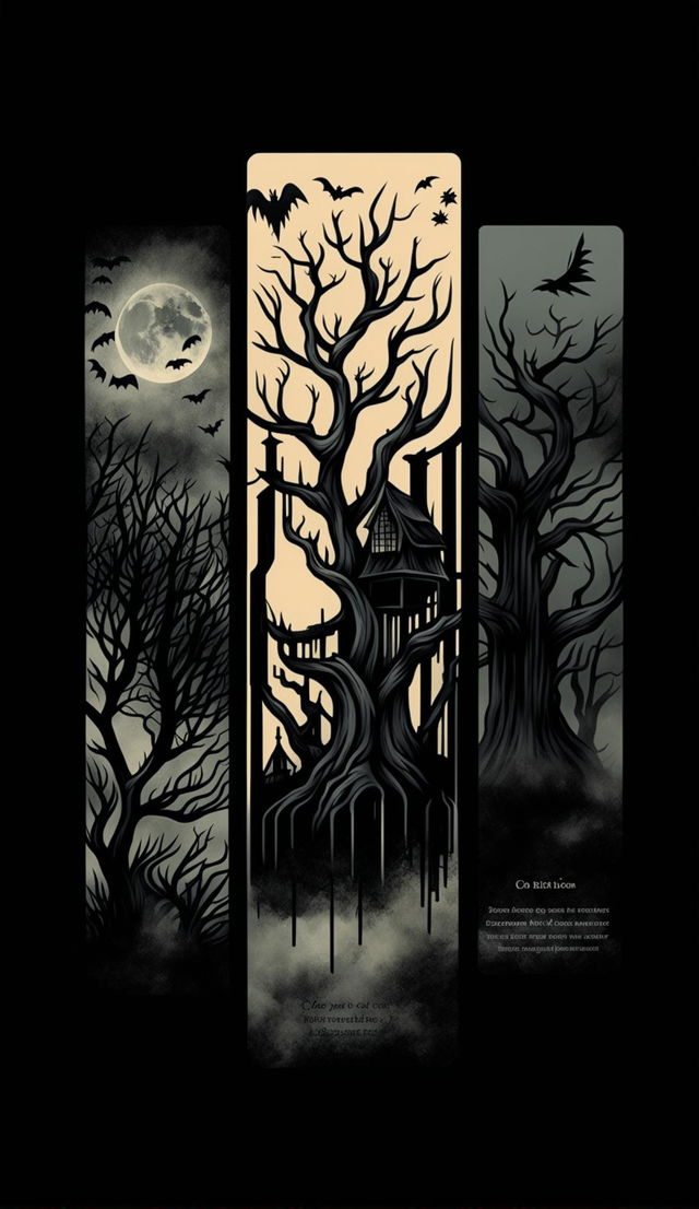 Design a beautiful, printable bookmark with a scary aesthetic, measuring 2"x7"