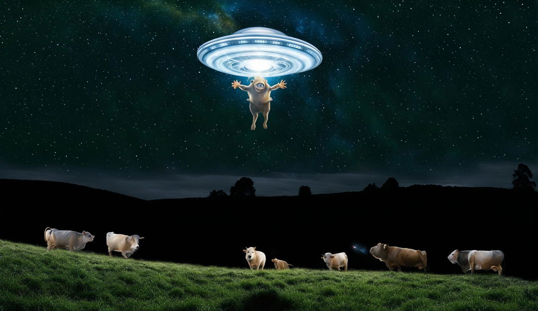 A funny Zoom background of an alien abduction scene with a comically exaggerated character being lifted by a UFO, set in a nighttime rural area