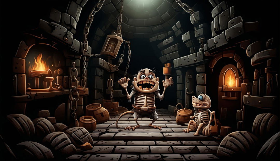 A funny Zoom background set in a whimsical dungeon with a comically exaggerated prisoner, humorous props, and playful elements