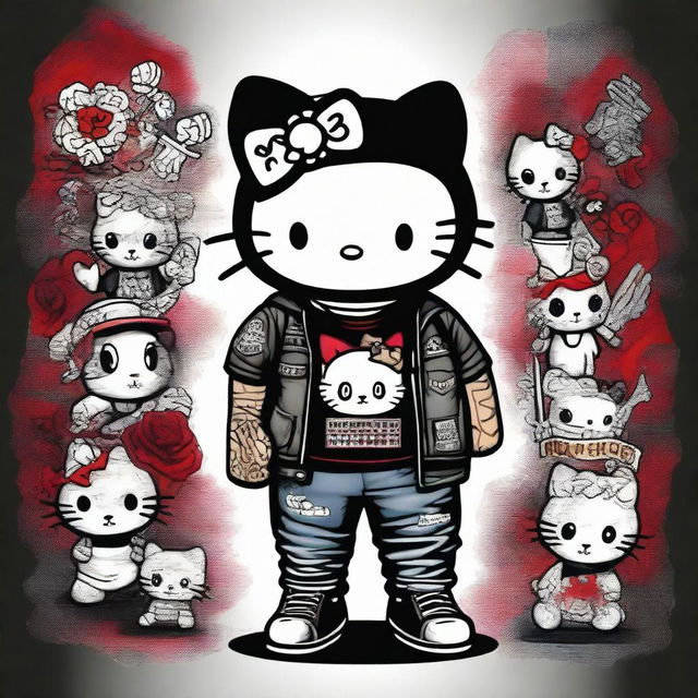 A unique and edgy depiction of Hello Kitty with Mara Salvatrucha (MS-13) gang elements