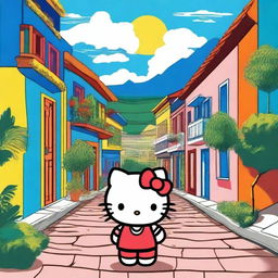 A charming and colorful depiction of Hello Kitty in El Salvador