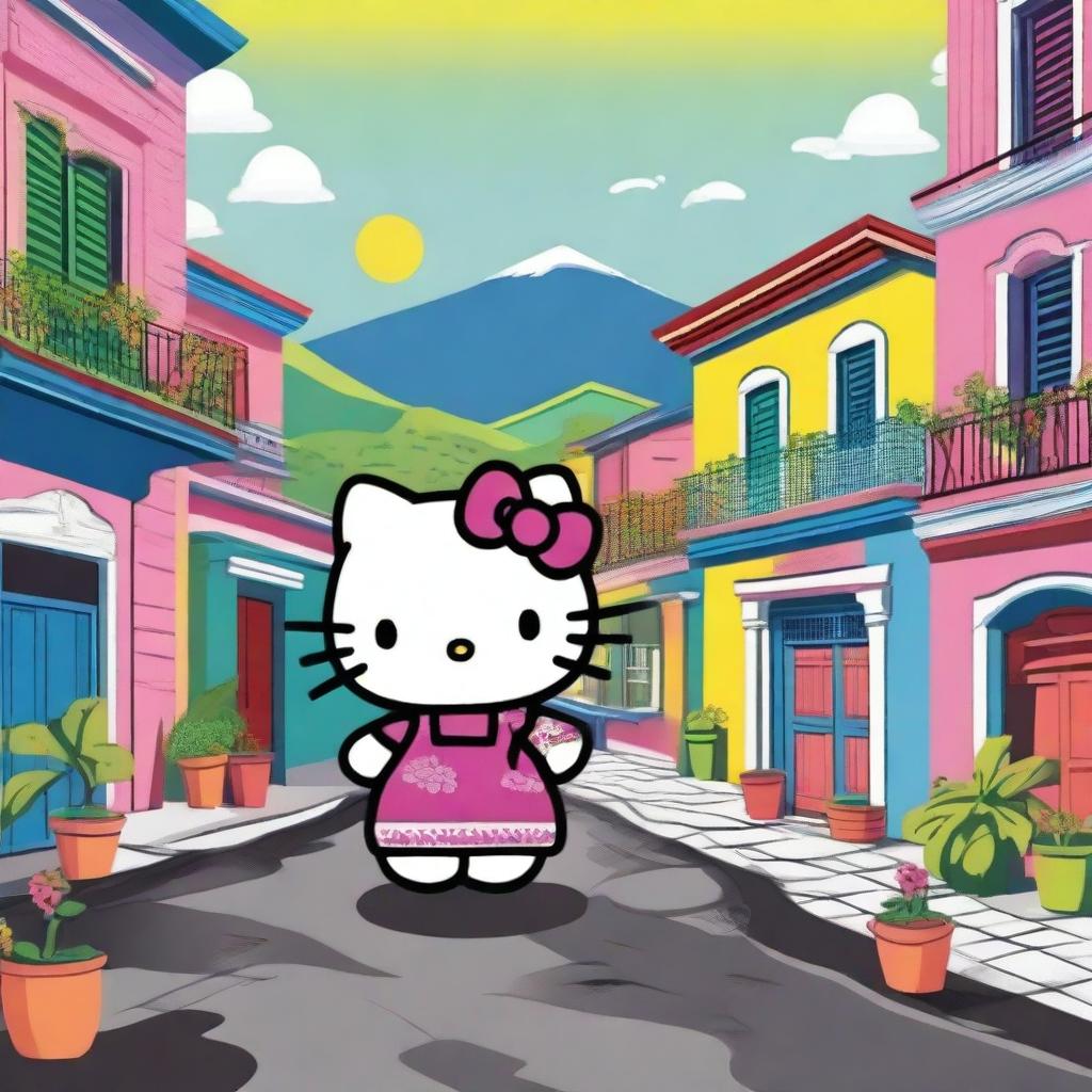 A charming and colorful depiction of Hello Kitty in El Salvador