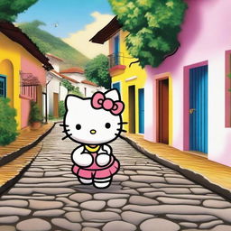 A delightful and picturesque depiction of Hello Kitty in the town of Suchitoto, El Salvador