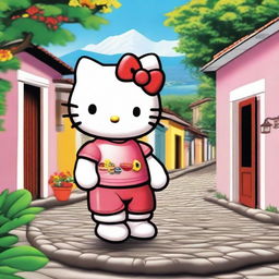 A delightful and picturesque depiction of Hello Kitty in the town of Suchitoto, El Salvador