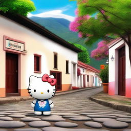 A delightful and picturesque depiction of Hello Kitty in the town of Suchitoto, El Salvador