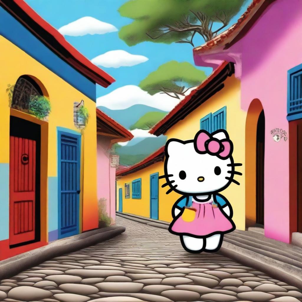 A delightful and picturesque depiction of Hello Kitty in the town of Suchitoto, El Salvador