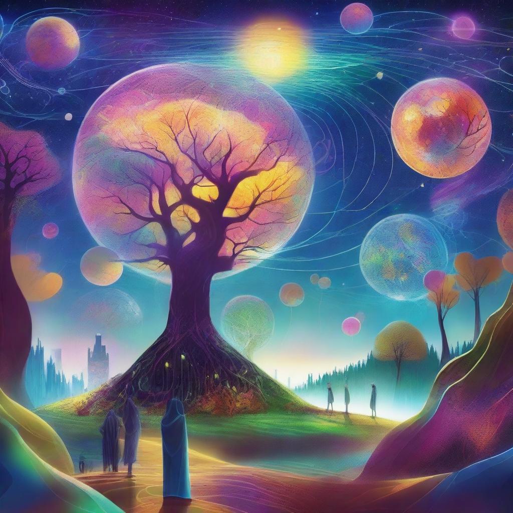 A vibrant and imaginative depiction of the multiverse, showing various parallel universes interconnected by glowing cosmic threads