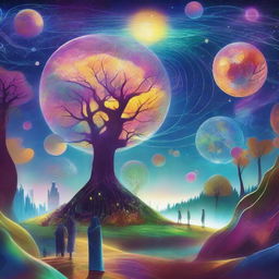 A vibrant and imaginative depiction of the multiverse, showing various parallel universes interconnected by glowing cosmic threads