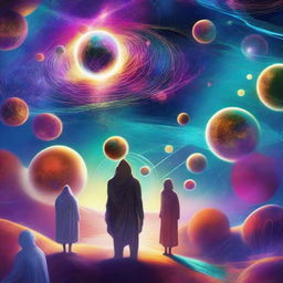 A vibrant and imaginative depiction of the multiverse, showing various parallel universes interconnected by glowing cosmic threads