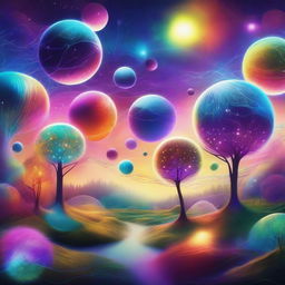 A vibrant and imaginative depiction of the multiverse, showing various parallel universes interconnected by glowing cosmic threads