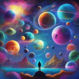 A vibrant and imaginative depiction of the multiverse, showing various parallel universes interconnected by glowing cosmic threads