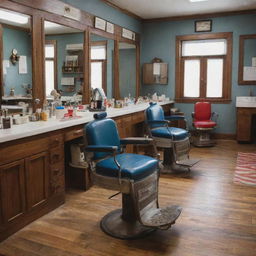 A traditional barber shop with a red, blue, and white pole; vintage barber chairs; and various barber tools like combs, scissors, and straight razors on a wooden countertop.