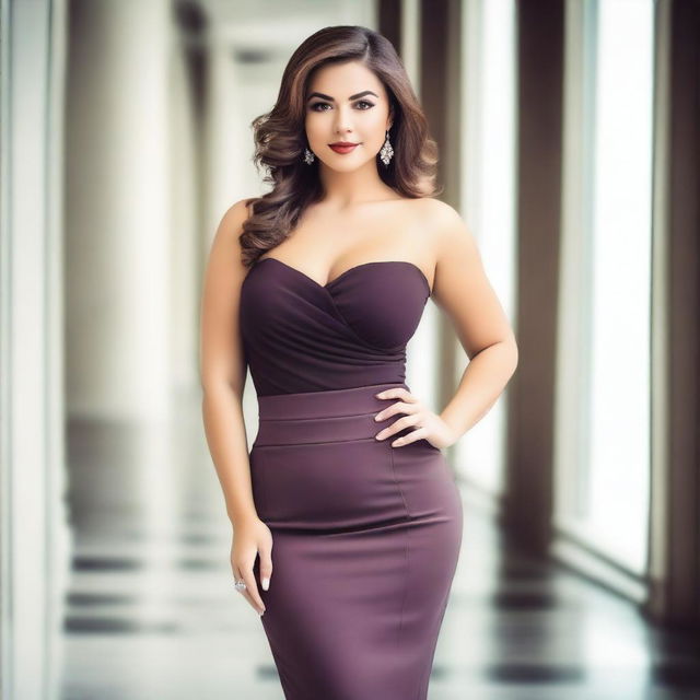 A beautiful woman with wide hips, dressed in a stylish outfit that accentuates her curves