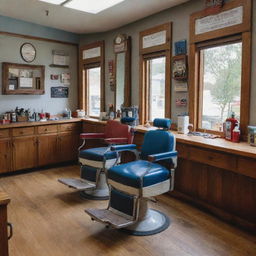 A traditional barber shop with a red, blue, and white pole; vintage barber chairs; and various barber tools like combs, scissors, and straight razors on a wooden countertop.