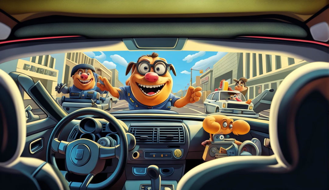 A funny Zoom background inside a car being chased by the police, featuring cartoonish characters, humorous props, and a playful atmosphere