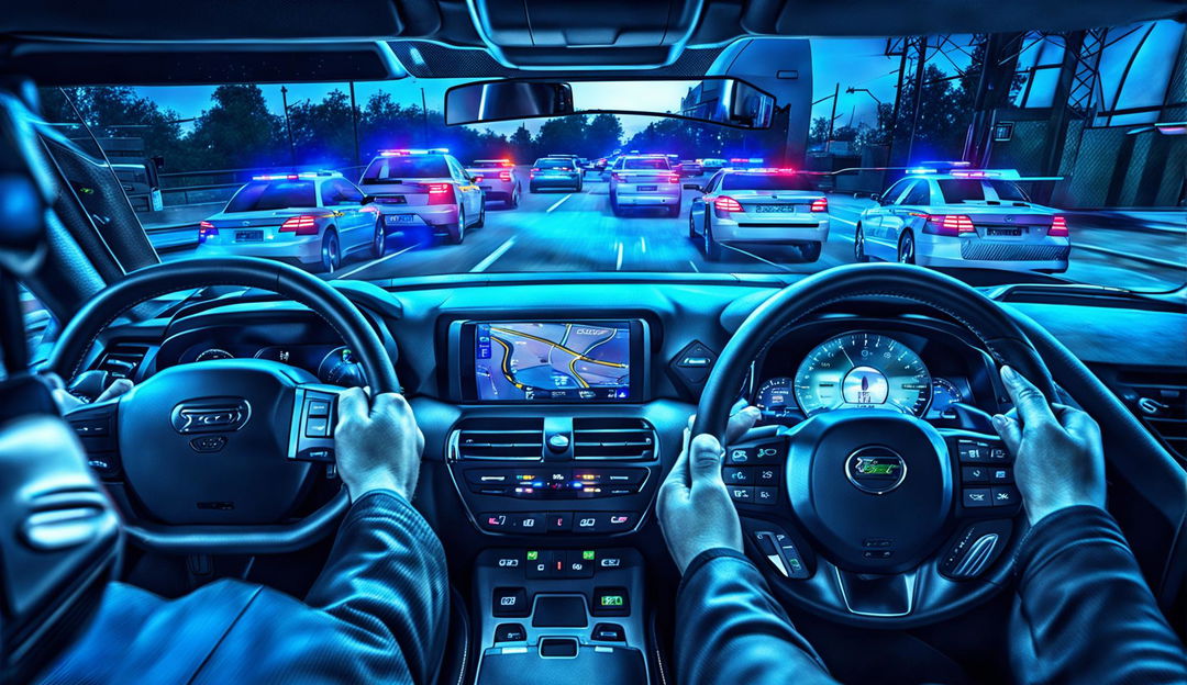 A dynamic scene inside a car being chased by police cars, visible through the rearview window