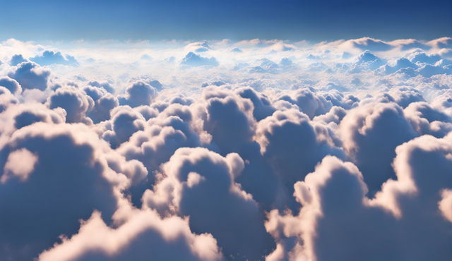 A beautiful HD Zoom background masterpiece showing a serene view from above the clouds, with a brilliant blue sky and warm sunlight creating a peaceful atmosphere