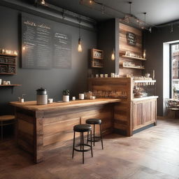 Design a cozy and inviting coffee shop with warm lighting, comfortable seating, and a modern yet rustic interior