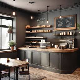 Design a cozy and inviting coffee shop with warm lighting, comfortable seating, and a modern yet rustic interior