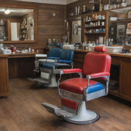 A traditional barber shop with a red, blue, and white pole; vintage barber chairs; and various barber tools like combs, scissors, and straight razors on a wooden countertop.