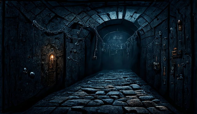 A Zoom background depicting the inside of a terrifying dungeon, with stone walls, flickering torches, and iron chains, creating a dark and eerie atmosphere