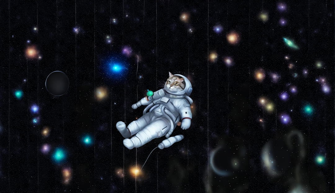 An HD deep space masterpiece featuring a floating astronaut cat in a tiny space suit, set against a backdrop of galaxies, stars, and nebulae, combining cosmic beauty with humor