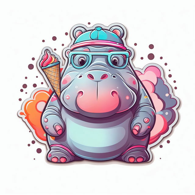 A fun and quirky water bottle sticker design featuring a cute hippo with a big smile, possibly wearing accessories like sunglasses or a hat