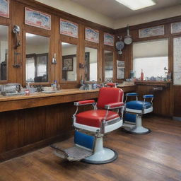 A traditional barber shop with a red, blue, and white pole; vintage barber chairs; and various barber tools like combs, scissors, and straight razors on a wooden countertop.