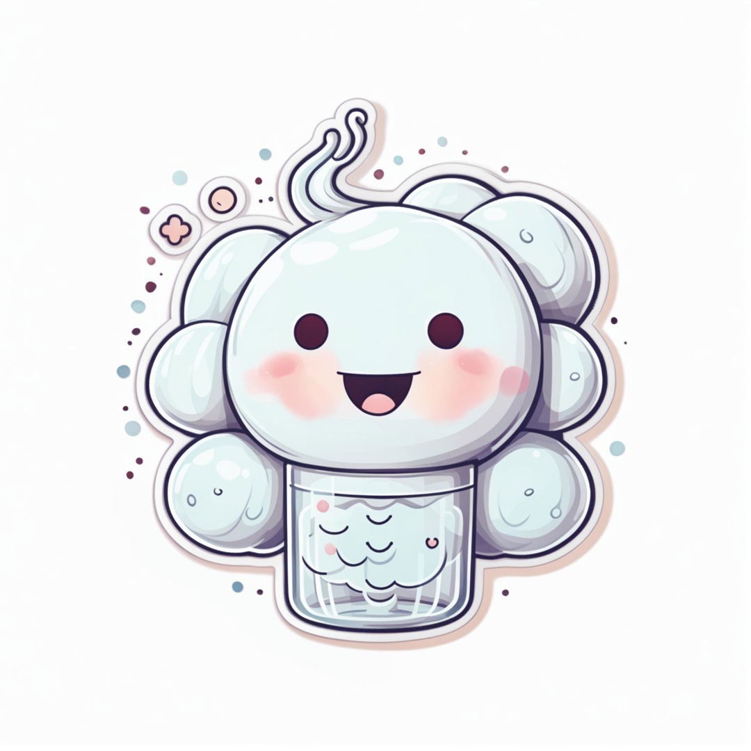 A charming and adorable water bottle sticker design featuring a cute cloud with a friendly expression, rosy cheeks, and pastel colors