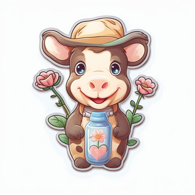 An endearing and cute water bottle sticker design featuring a 'moo moo' cow with big eyes and a cheerful smile