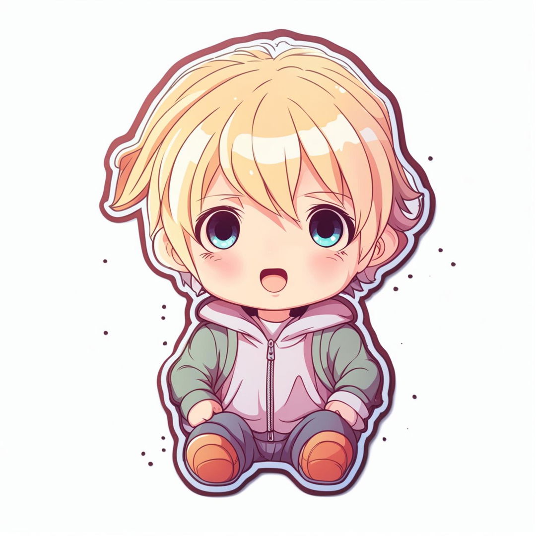 An adorable water bottle sticker design featuring a kawaii chibi anime boy with large eyes, a cheerful expression, and a cute outfit