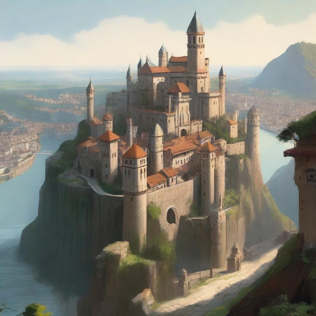 A large, walled city perched on the edge of a towering cliff