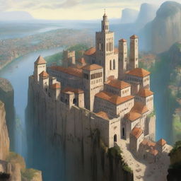 A large, walled city perched on the edge of a towering cliff