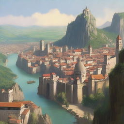 A large, walled city perched on the edge of a towering cliff