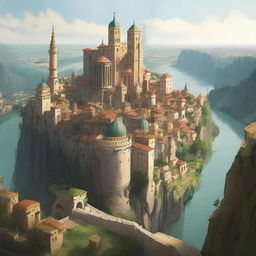 A large, walled city built on the side of a towering cliff