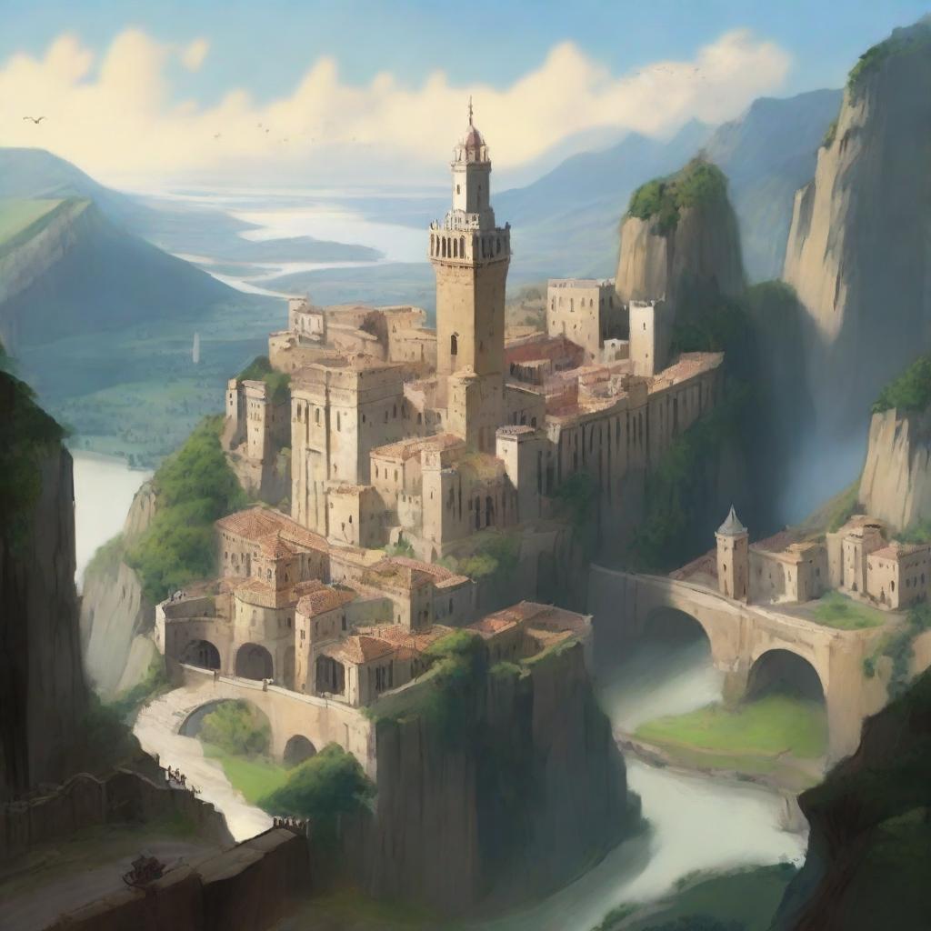 A large, walled city built on the side of a towering cliff