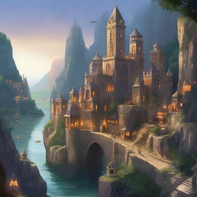 A large, walled fantasy city built on the side of a towering cliff