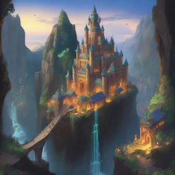 A large, walled fantasy city built on the side of a towering cliff