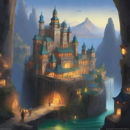 A large, walled fantasy city built on the side of a towering cliff