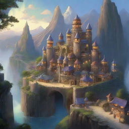 A large, walled fantasy city built on the side of a towering cliff