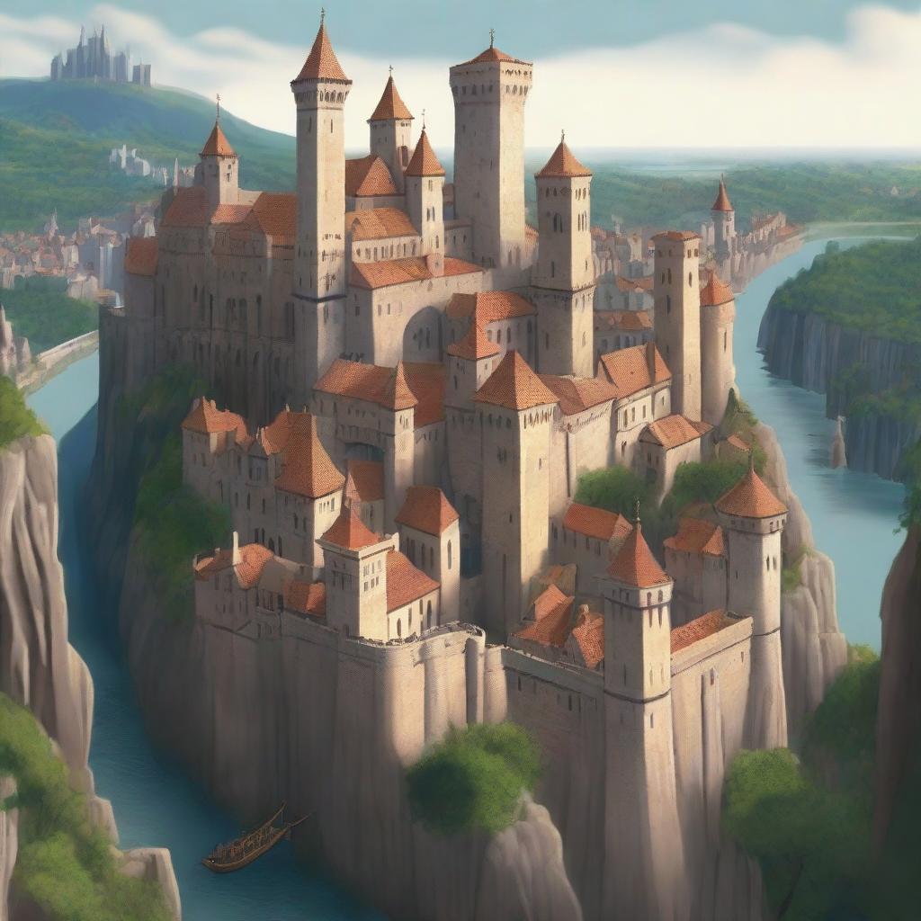 A large, walled medieval city built on the side of a towering cliff