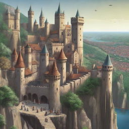 A large, walled medieval city built on the side of a towering cliff