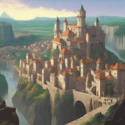 A large, walled medieval city built on the side of a towering cliff