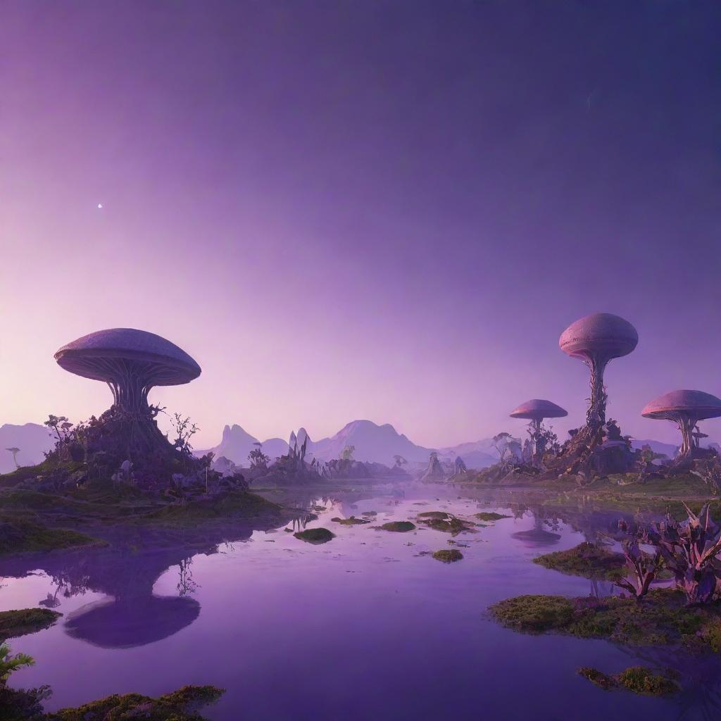 An alien landscape under a purple sunset with exotic flora and floating islands