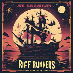 Create a minimalist movie poster for a solarpunk style anime movie titled "Riff Runners" in a bold font