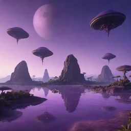 An alien landscape under a purple sunset with exotic flora and floating islands