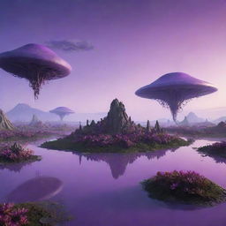 An alien landscape under a purple sunset with exotic flora and floating islands