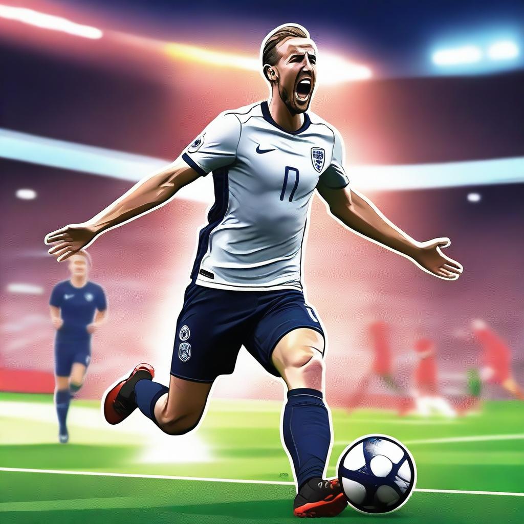 A detailed illustration of Harry Kane in a dynamic soccer pose, celebrating a goal